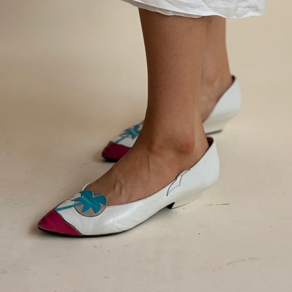 Paradox by Zola White Leather Palm Tree Pumps - 80s Vintage, Size 7.5